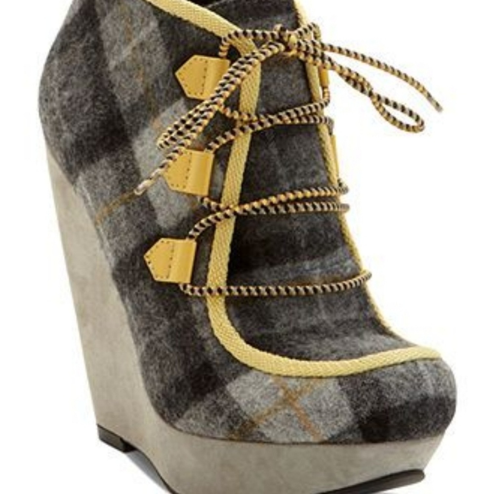 Rachel Roy plaid wedge booties